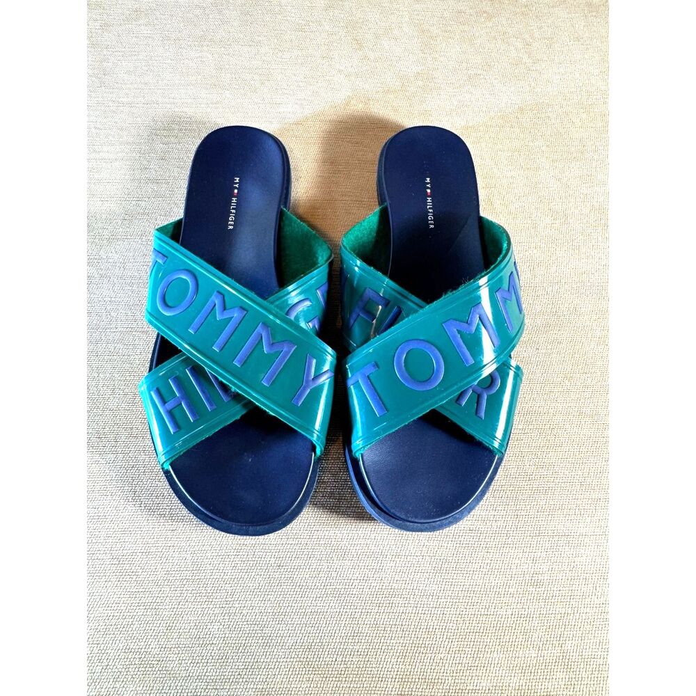 Tommy Hilfiger Green and Blue Rubber Slides, Sz 8.5 M,